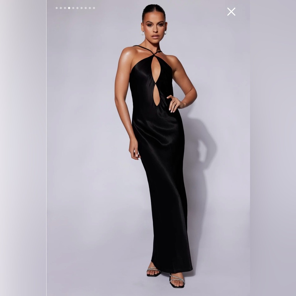 Satin cut out maxi dress. Black. Only used once. Size XS. Brand: MESHKI.